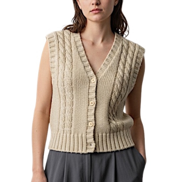 Vintage 70s 80s beige knit cap sleeve cardigan sweater vest M - Picture 1 of 12